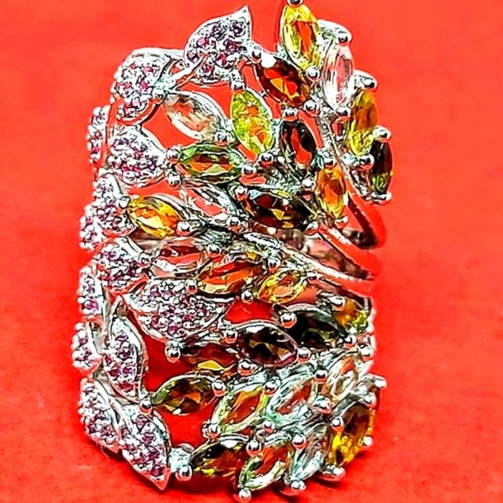 Unheated Tourmaline &Rhodolite Garnet 925 Sterling Silver Ring Sz 8‎